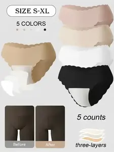 5Pcs Women's No Visible Lines Seamless Triangle Underwear with Scalloped Hem Comfort Elastic Yoga Fitness Dance Special Triple Layer Pants