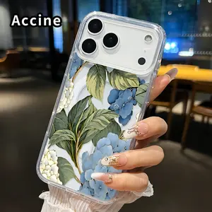 Magnetic Soft Case for iPhone 17 16  Pro Max Plus 15 14 13 12 11 Air E Blue Hydrangea Grace Pattern Anti-Yellowing Shockproof ultra-thin Silicone Crystal Transparent Acrylic Large Hole Cover Supports Wireless Charging