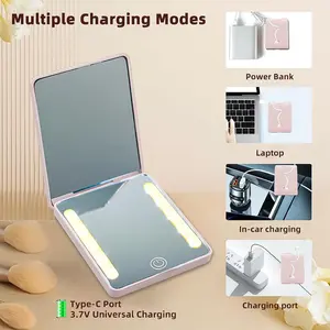 Rechargeable Pocket Mirror, LED Makeup Mirror with Light for Purse, Double Sided 1X/2X Magnification Compact Vanity Mirror, Folding Small Portable Mirror, Lighted Makeup Mirror, Led Travel Mirror