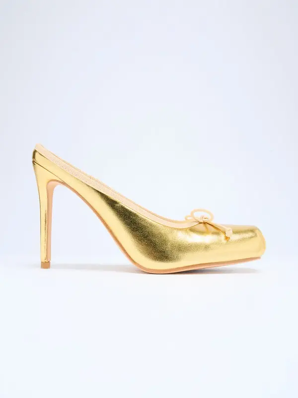 Women Zelina Metallic Bow Ballet Pumps 3.75" High Heel Square Toe Bow Detail Stylish Footwear Walking Shoes