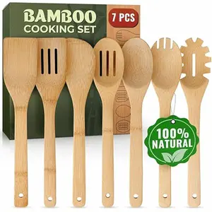 Wooden Utensil Set, Bamboo Utensils – 7 PCs Wood Spoons for Cooking, Easy to Clean, Sturdy, Lightweight & Heat Resistant