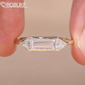 1.4CT East West Straight Baguette Cut Moissanite Engagement Rings for Women S925 Silver Plated 18K Gold Bezel Set Wedding Band