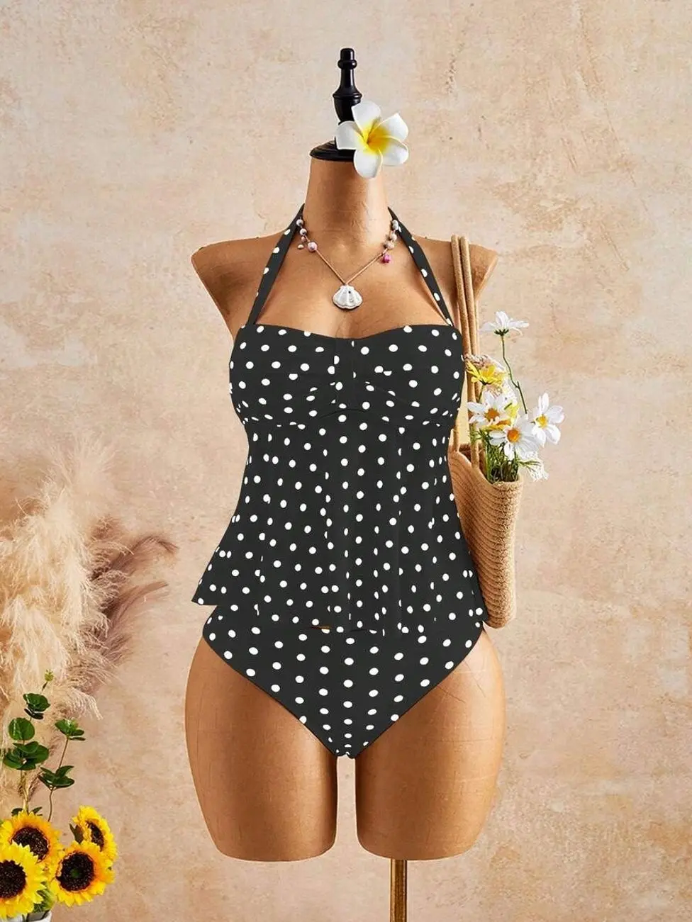 Bellisia Black Polka Dot Halter Tankini Set | Vintage Peplum Tummy Control Top with High-Waisted Bottoms 2-Piece Swimsuit | Retro Beach Vacation Outfit