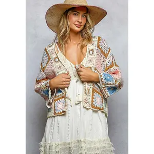 POL Clothing Granny Square Crochet Front Tie Wide Sleeve Cardigan