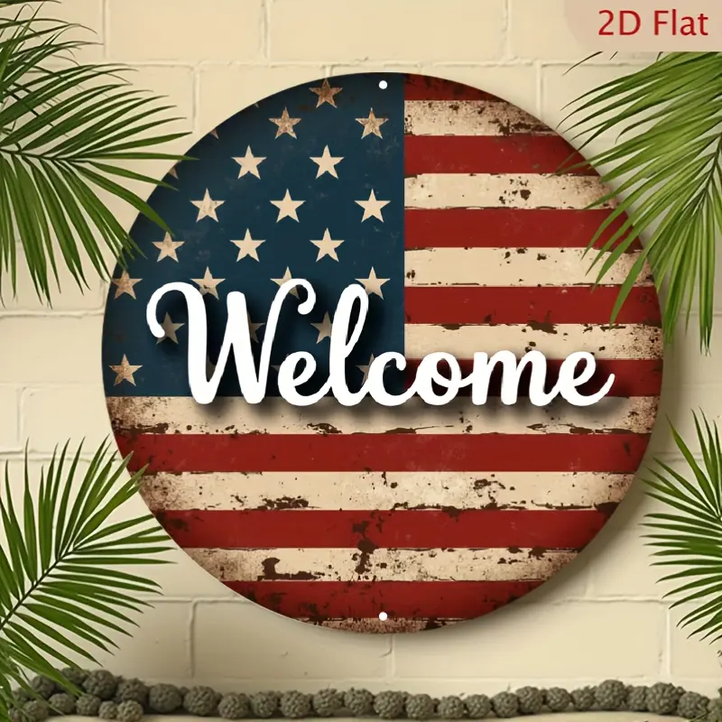 2D Flat Round Rustic American Flag Metal Welcome Sign - Vintage Iron Wall Decor, Durable Weatherproof Home Supplies, Outdoor Safe Patriotic Plaque for Home, Garden
