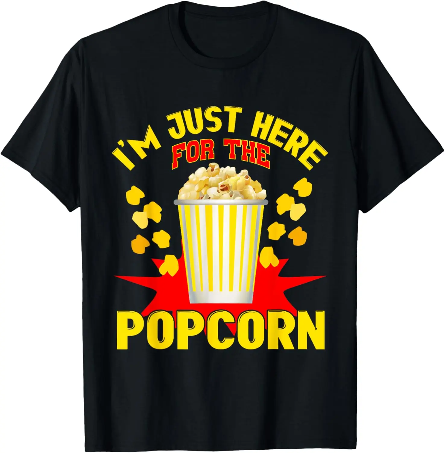 Women's 100% Cotton Short-Sleeve Round Neck T-Shirt - Funny Popcorn Print, "I'm Just Here For The Popcorn" Slogan, Vintage Casual Streetwear, Machine Washable, All Seasons, Large, Shortsleeve