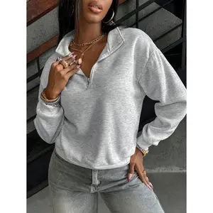 Women's Casual Loose Fit Stand Collar Zip-Up Long Sleeve Sweatshirt,Long Sleeve Tops Graduation,Back To School Outfits,Graduation,Teacher Outfits For Women,Back To School Fabric Womenswear Day Grey Hoodie Polyester Basic Minimalist string tank brown crop