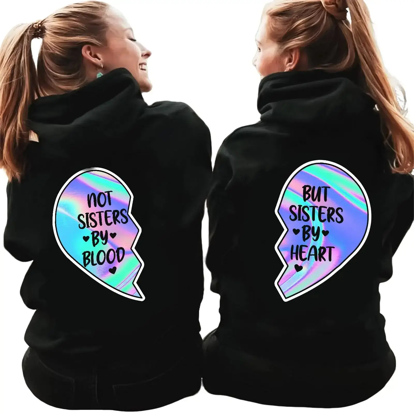 Women's Unisex "Not Sisters By Blood But Sisters By Heart" Ribbed Seamless Fabric Yarn Hoodie - Casual Couples Matching Outfits, Perfect Anniversary Gift for Best Friends, Tops, Sweatshirts, Long Sleeve, Pocket
