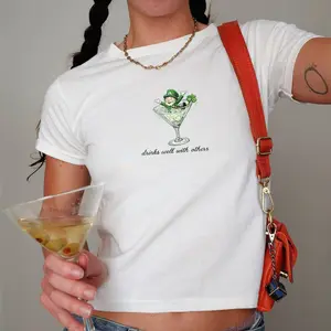 St Patrick's Day Shirt Womens Baby Tee Leprechaun Martini Cocktail Vintage Illustration St. Patty's Day Baby Tee Vintage Aesthetic Funny Tee