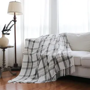 Farmhouse Plaid Chenille Throw Blanket, Velvety Grey Taupe and  White Decorative Tartan Throw with Fringe, 50 x 60 Inches, Gray Tan Beige