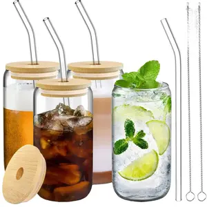 4 Glass Cups with Lids, Straws, and Brushes - 16 oz Drinking Cup Set with Bamboo Lids and Straws for Iced Coffee, Tumblers with Straw and Lid