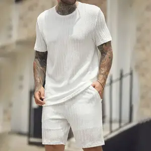 Two-Piece Set Men's Solid Textured Drop Shoulder Short Sleeve Tee & Drawstring Waist Shorts Set, Spring & Summer Clothes, Back To School Loose Casual Fashion Crew Neck T-shirt & Pocket Shorts for Daily Outdoor Wear, Men Outfits, Fall Outfits