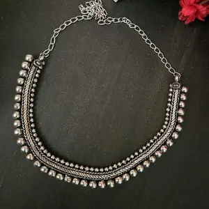 JS Necklace for Women Oxidise - Stylish Oxidized Design Chain Necklace with Beaded Details