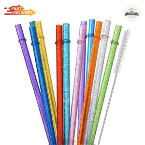 12-Pack Glitter Reusable Clear Plastic Straws, 11" Long Hard Tumbler Replacement Drinking Straws for 16 OZ 20 OZ 30 OZ Stanley, YETI, Starbucks Tumblers with Cleaning Brush