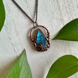 Floral Labradorite Teardrop Pendant, Hand Sculpted Electroformed Jewelry