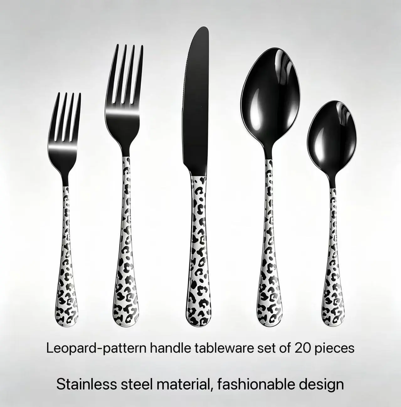 20-Piece Luxury Stainless Steel Tableware Set with Leopard Print Patterns Knives Forks Spoons Ideal for Parties Weddings and Self-Serve Dining High-End Gifting Option