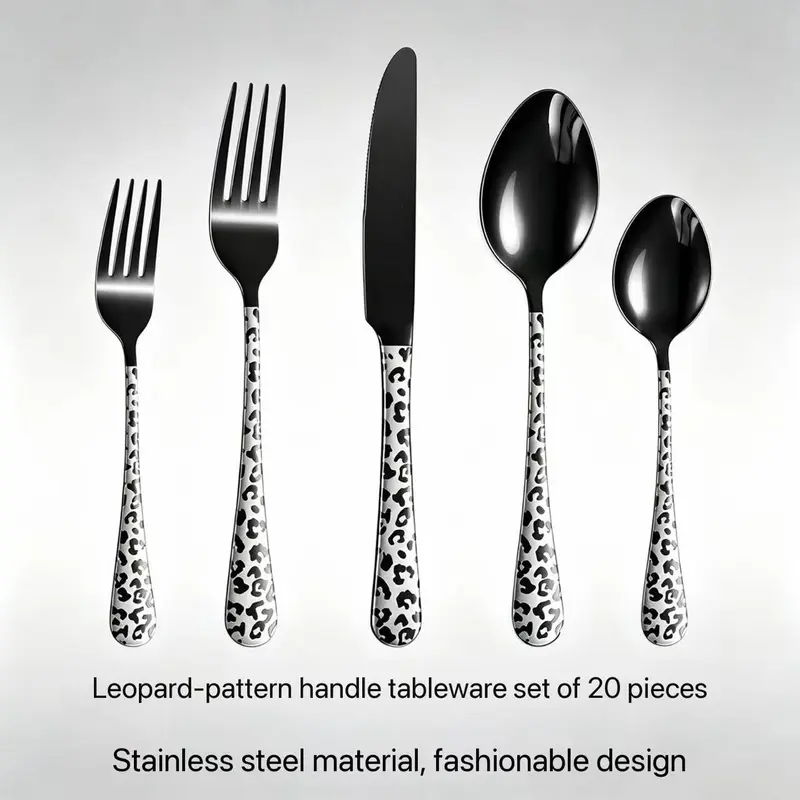 20-Piece Luxury Stainless Steel Tableware Set with Leopard Print Patterns - Knives, Forks, Spoons - Ideal for Weddings, Parties - High-End Wedding Gift Option, Spoon