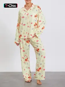 Women's Long Sleeve Printed Pajama Set, Collared Sleepwear with Pants, Comfortable Home Loungewear, 2 Piece Set, Pajama Top, Pajamas Pants, Pajama Clothes