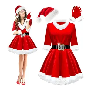 4 Pcs Mrs. Claus Costume Set Women 	Santa Claus Costume Adult Velvet Santa Claus Dress with Belt Santa Hat Gloves Set for Party
