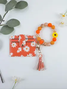 Daisy Print PU Leather Wallet Keychain with Beaded Wristlet Keychain, Multi-Slot ID Credit Card Holder Purse with Tassel, Portable Key Ring for Women Girls Bag Backpack Accessories