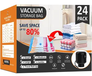 24 Pack Vacuum Storage Bags for Comforters and Blankets with Electric Vacuum Pump Included - Organiser