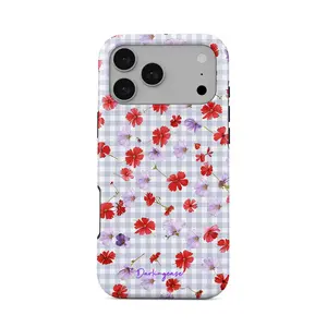 Darlingcase Floral Gingham Phone Case for iPhone 17 Pro Max 16 Pro 15 14 13 12 11 8 7 X XS Max Preppy Aesthetic Red Purple Wildflower Lavender Plaid Cottagecore Design, Dual-Layer Shockproof Drop Protection Anti-Scratch Cover, Gift for Women