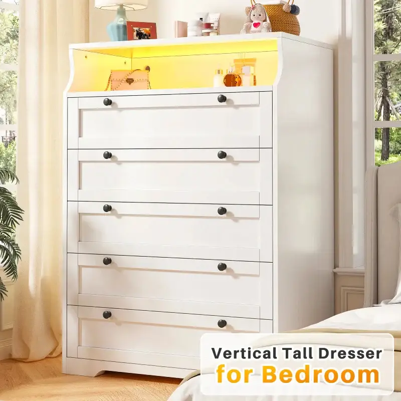 RaybeeFurniture Dresser with LED Light, Tall Dresser for Bedroom, 5 Drawers & 2 Shelves Space Saver for Bedroom, Hallway, Closet, 31.3" W x 48.5" H x