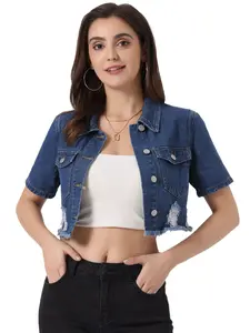 INSPIRE CHIC Cropped Denim Jacket Women's Short Sleeve Button Down Frayed Short Jeans Jackets