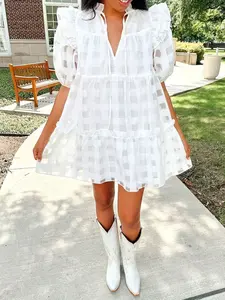 Elegant Plus Size Women's A-Line Summer Dress, Womenswear, V-Neck Bubble Sleeve Design, Ideal for Daily Wear, Casual Wear & Special Occasions, Comfortable Loose Fit