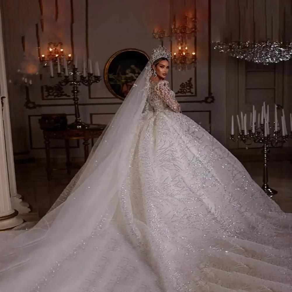 Customized Ball Gown Sparkly Wedding Dresses  Long Sleeve Robe  Lace Beaded Princess Glitter Vestido De Novia
