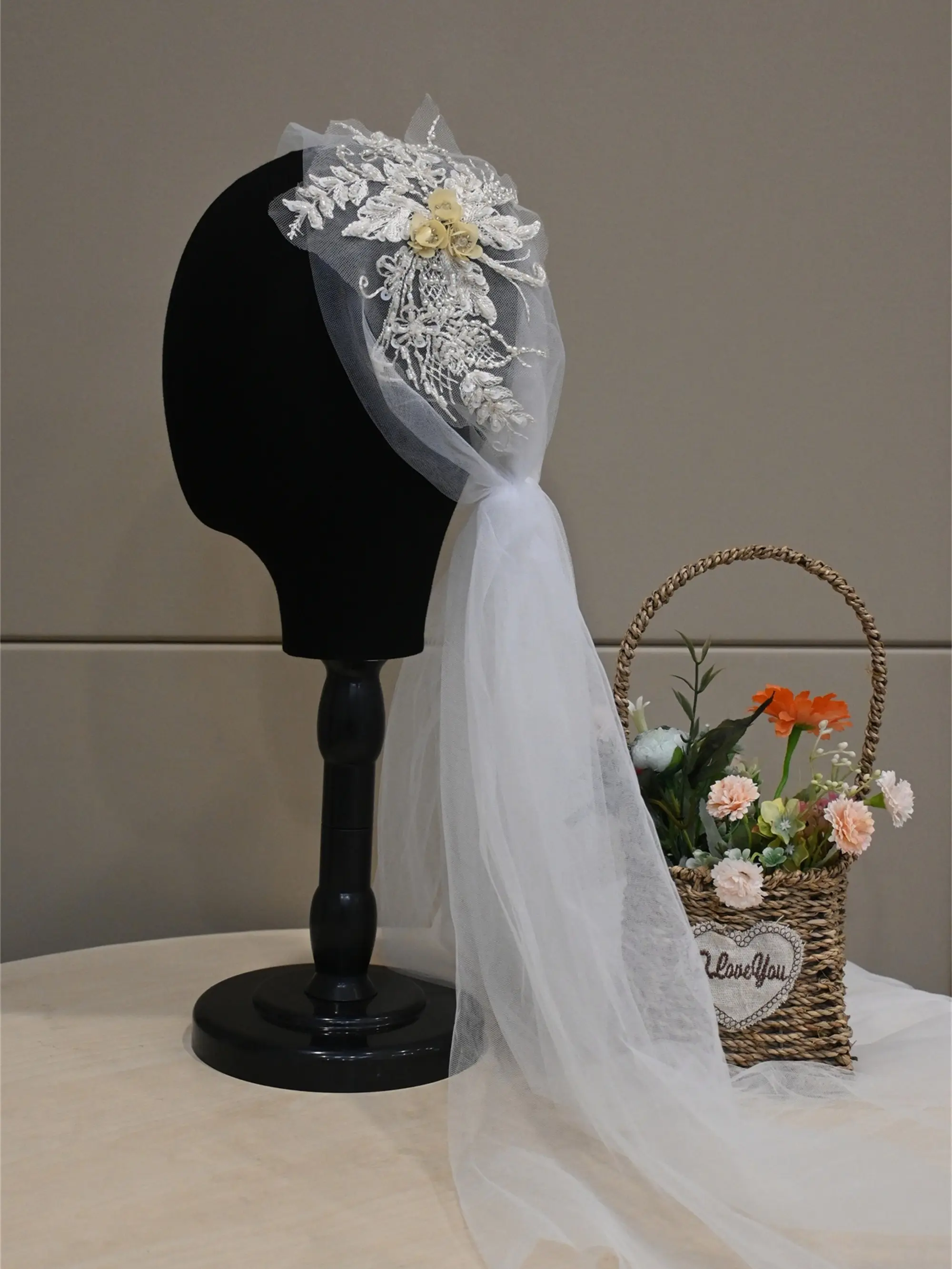 Flower Cap-style Veil, Ethereal Veil, Mantilla Veil, Hijab Headset,With Beads Embellishments,Hat Veil, Bridal Accessories