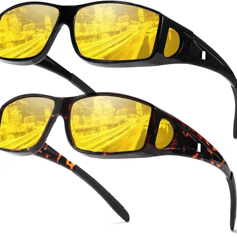FIMILU 2-Pack Unisex Full Rim Polarized Round Glass Lens Sunglasses - Fit Over Glasses, Anti-Glare, Night Vision for Driving, Outdoor Eyewear 0311, Full Rim Sunglasses