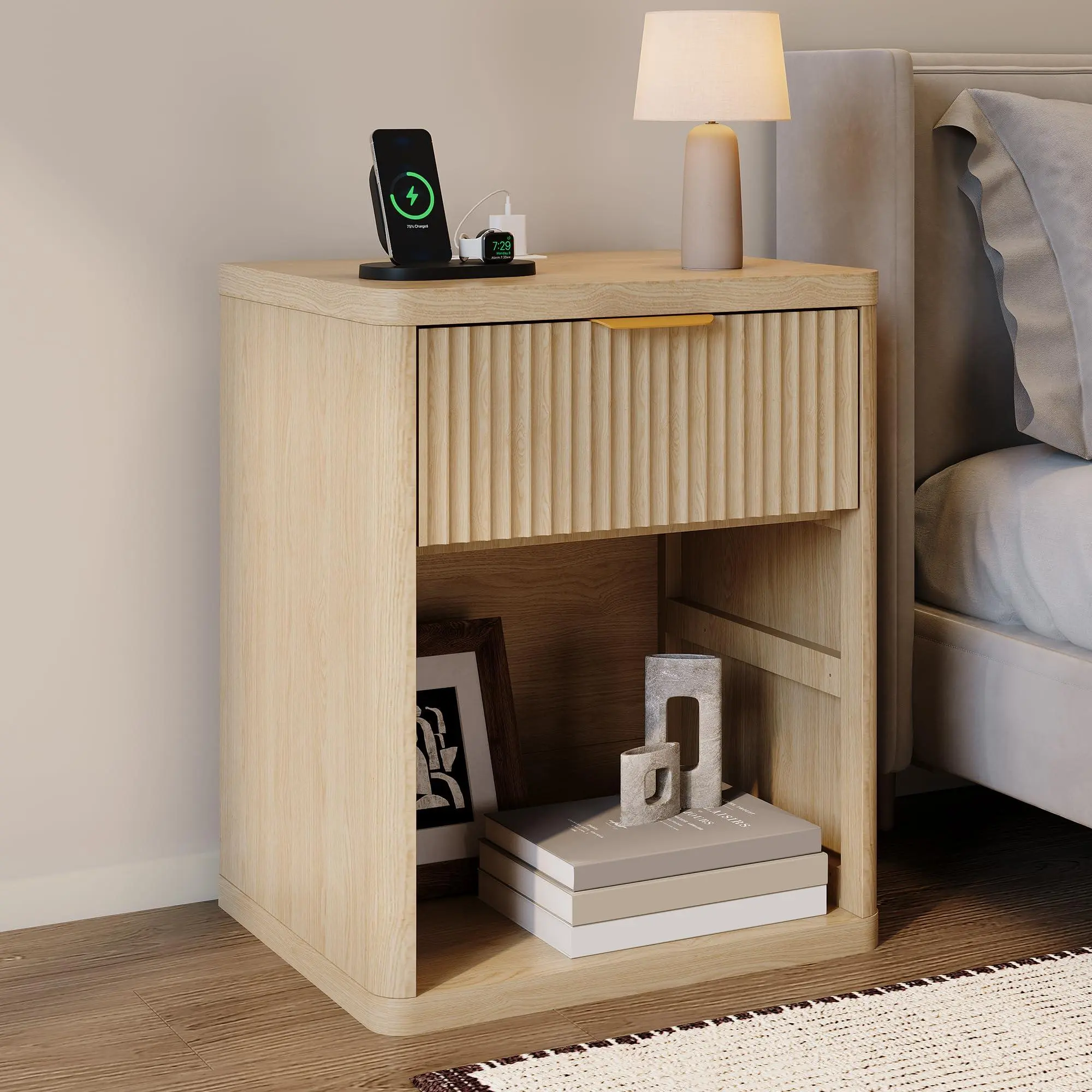 Natural Oak Fluted Nightstand with Charging Station, Bedside Table with Drawers and Open Storage Space, Metal Handles and Rounded Corners for Safety, Side Tables, End Table Bedroom
