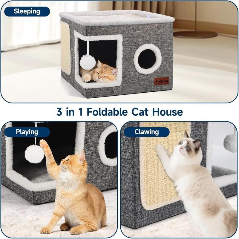 Extra Large Cat Condo Foldable Two Story Sisal Scratching House with Removable Washable Mat Soft Nest for Kittens Adult Cats Multi Functional Pet Furniture