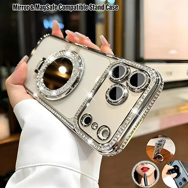 Luxury Rhinestone Cellphone Case for iPhone 17 Pro Max 16 15 14 Plus Transparent Polycarbonate Full-Coverage Shockproof Casing Glitter Makeup Mirror Stand Magnetic Holder Lens Screen Protector A portable convenient device designed for beauty-loving women