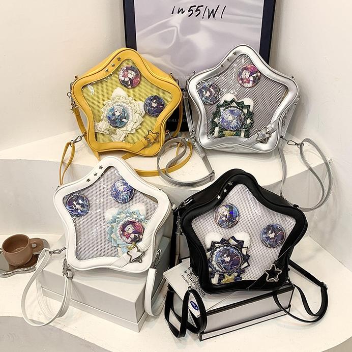RIVERICH 3-Way Convertible Star-Shaped Ita Bag for Anime & K-Pop Fans, Multi-Strap Acrylic Display Backpack with Removable Shoulder Straps. This unique pentagram bag features a clear window to showcase your pins, charms, and collectibles