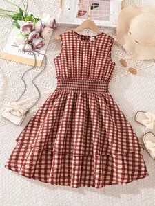 Girls' Checkered Design Gingham Print Dress, Round Neck Sleeveless with Waist Tie, Multilayer Skirt for a Cute and Elegant Look
