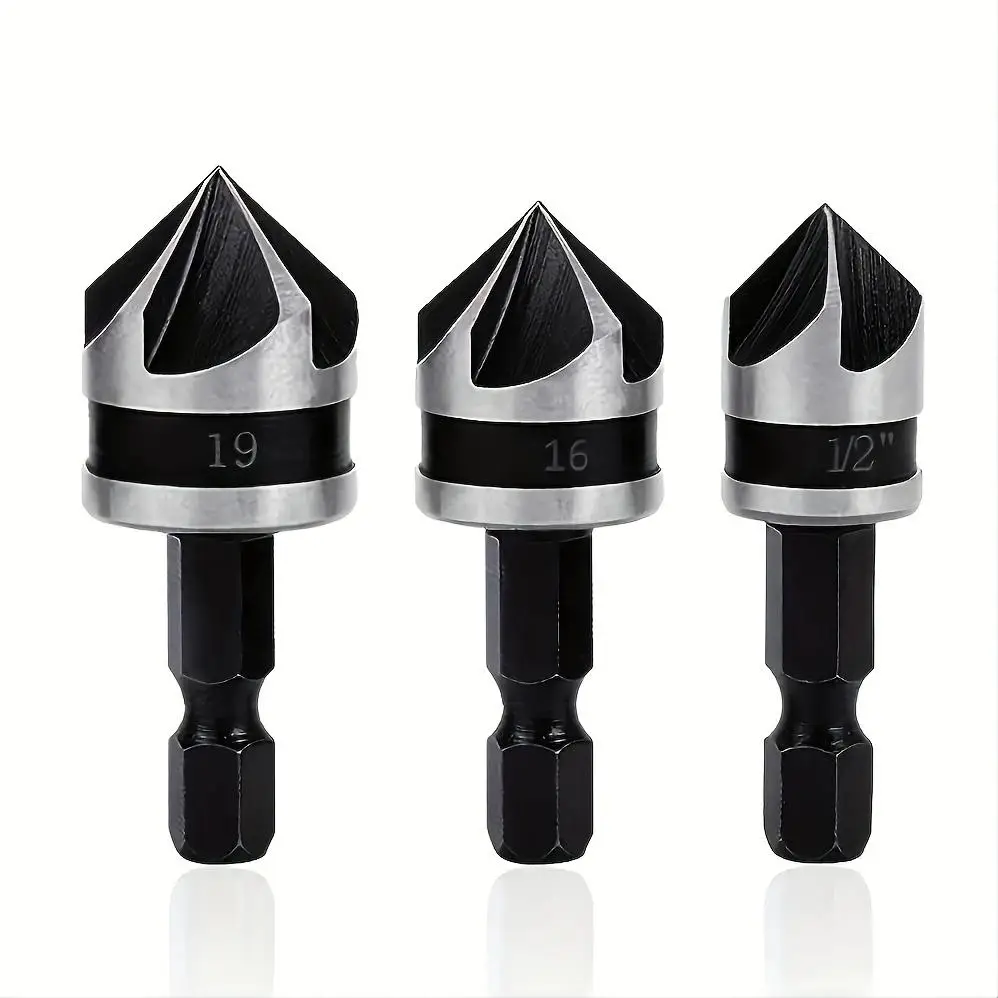 Carbon Steel Countersink Drill Bit Set, 12mm 16mm 19mm Dia Round Shank 90 Degree 5 Flute Chamfer Tool for Woodworking, Woodworking Accessories