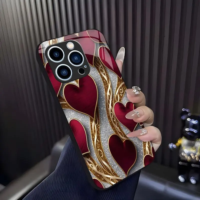 Luxurious romantic heart case for iPhone 14 Pro Max, elegant gold trim love pattern cover, best gift for her, anniversary, aesthetic phone accessory — 975