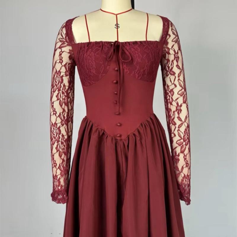 Lace Women's Cinderella's Corset Dress - Formal Wedding or Birthday Party Outfit in Burgundy - Womenswear dressy