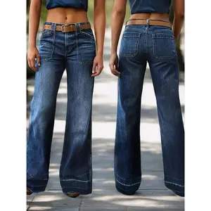 The new trend of casual wide leg jeans in 2025 is the mid waist flared pants with pockets for women, which are the long design of four season pants