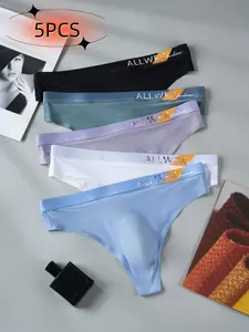Men's Ice Silk Thong Underwear Set, Breathable Fashion Letter Design, Casual Sports Triangle Panties, 5 Pieces Pack