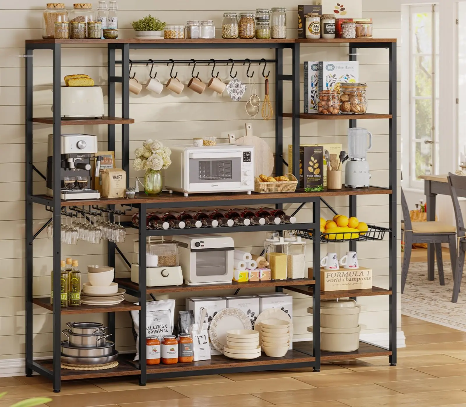 62.4" Large Bakers Rack with Power Outlet, Coffee Bar Cabinet with Storage Shelves, Wine Rack, Goblet Holder, 8 Hooks, Wire Basket, Wide Kitchen Microwave Stand with Storage, Brown