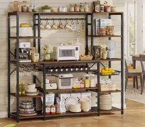 62.4" Large Bakers Rack with Power Outlet, Coffee Bar Cabinet with Storage Shelves, Wine Rack, Goblet Holder, 8 Hooks, Wire Basket, Wide Kitchen Microwave Stand with Storage, Brown