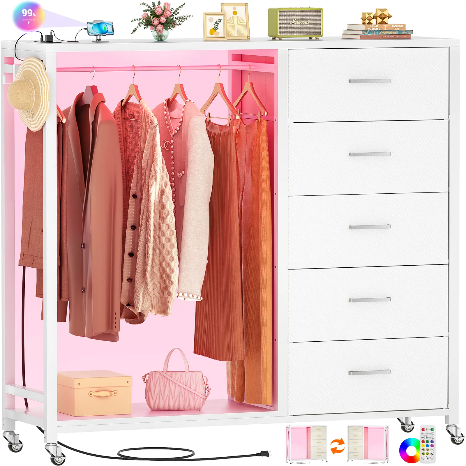 iSunirm 5-Fabric-Drawer Sturdy Closet Dresser - Wooden Top, Clothes Rack, Charging Station, LED Lights, Chest of Drawers for Closet Organization & Bedroom Decor