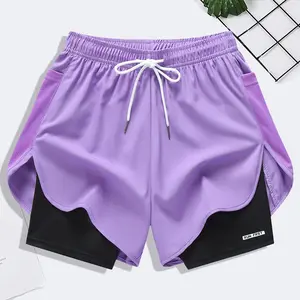 Women’s summer shorts, double-layer faux two-piece knit capri pants, breathable quick-dry compression shorts, elastic waistband with drawstring, side mesh pockets, suitable for fitness training, casual wear, and running