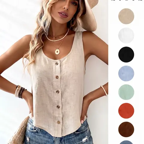 IDEALSANXUN Women's Cute Cropped Linen Tank Vest - Comfy, Lightweight, Scoop Neck, Button-Down, Short Sleeveless Solid Top - Premium Fabrics for Beach, Casual Summer Outfits - Women's Tops