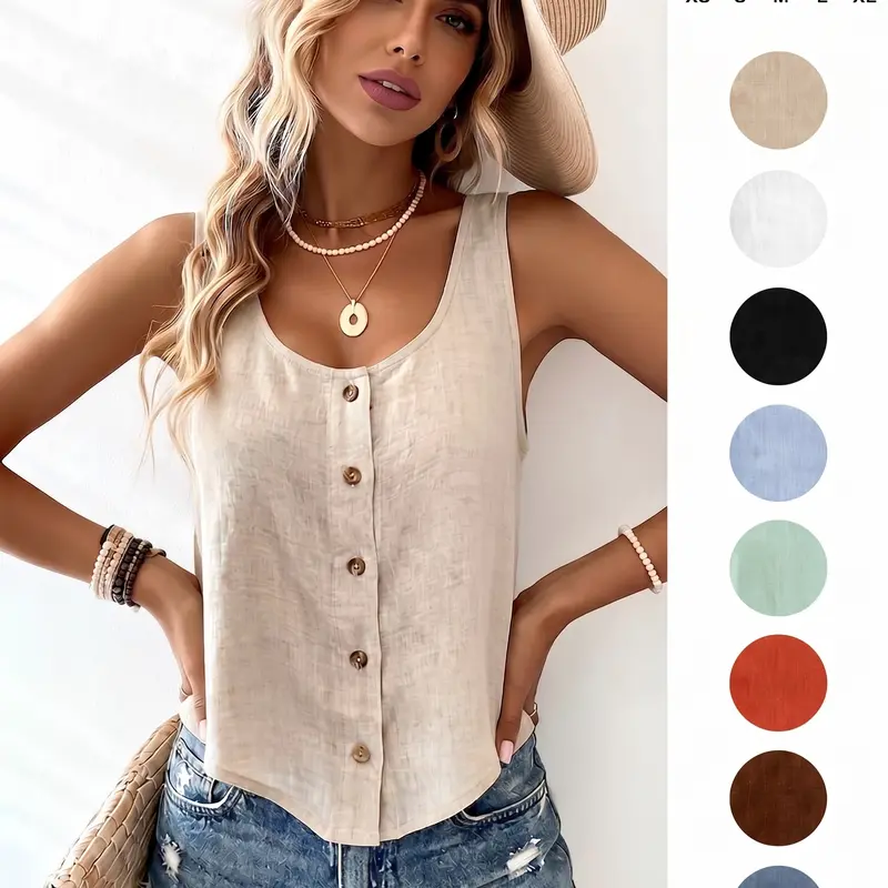 IDEALSANXUN Women's Cute Cropped Linen Tank Vest - Comfy, Lightweight, Scoop Neck, Button-Down, Short Sleeveless Solid Top - Premium Fabrics for Beach, Casual Summer Outfits - Women's Tops