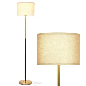 Brightech Emery LED Floor Lamp, Mid-Century Standing Lamp for Bedroom Reading, Modern Lamp for Living Rooms & Offices, Great Living Room Décor, Tall Lamp With Drum Shade & Brass Finish