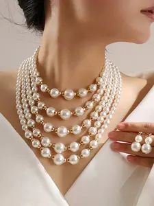 Elegant Women's Matching Jewelry Set, Faux Pearl Multi-Layer Necklace Earrings, Vintage Style Party Accessories, Fashionable Ladies' Gift